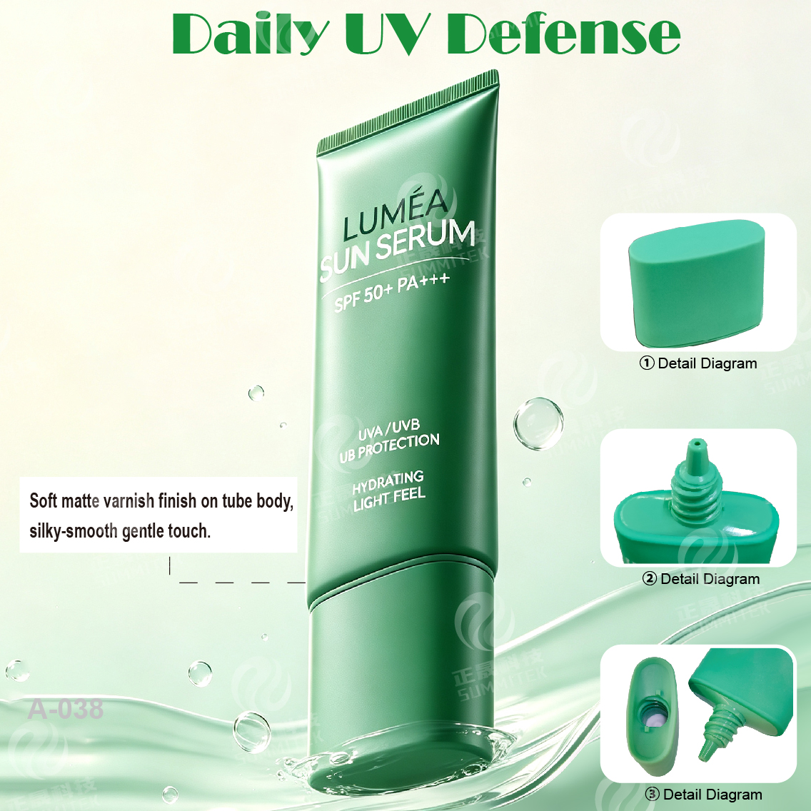 Tube de protection solaire avec buse longue | Emballage de protection UV avec bouchon &agrave; vis vert