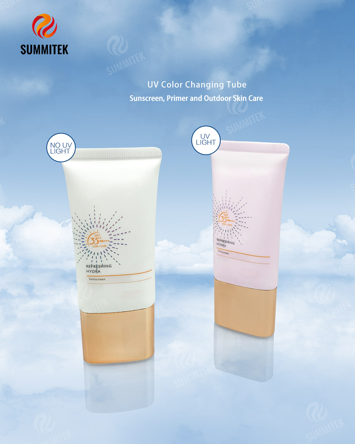 Tubes cosm&eacute;tiques UV &agrave; changement de couleur avec buse longue pour protection solaire et soins solaires