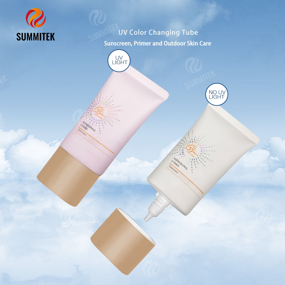 Tubes cosm&eacute;tiques UV &agrave; changement de couleur avec buse longue pour protection solaire et soins solaires