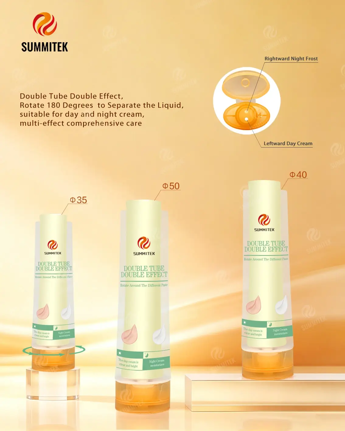 Tubes cosm&eacute;tiques &agrave; double chambre et double effet avec distributeur rotatif