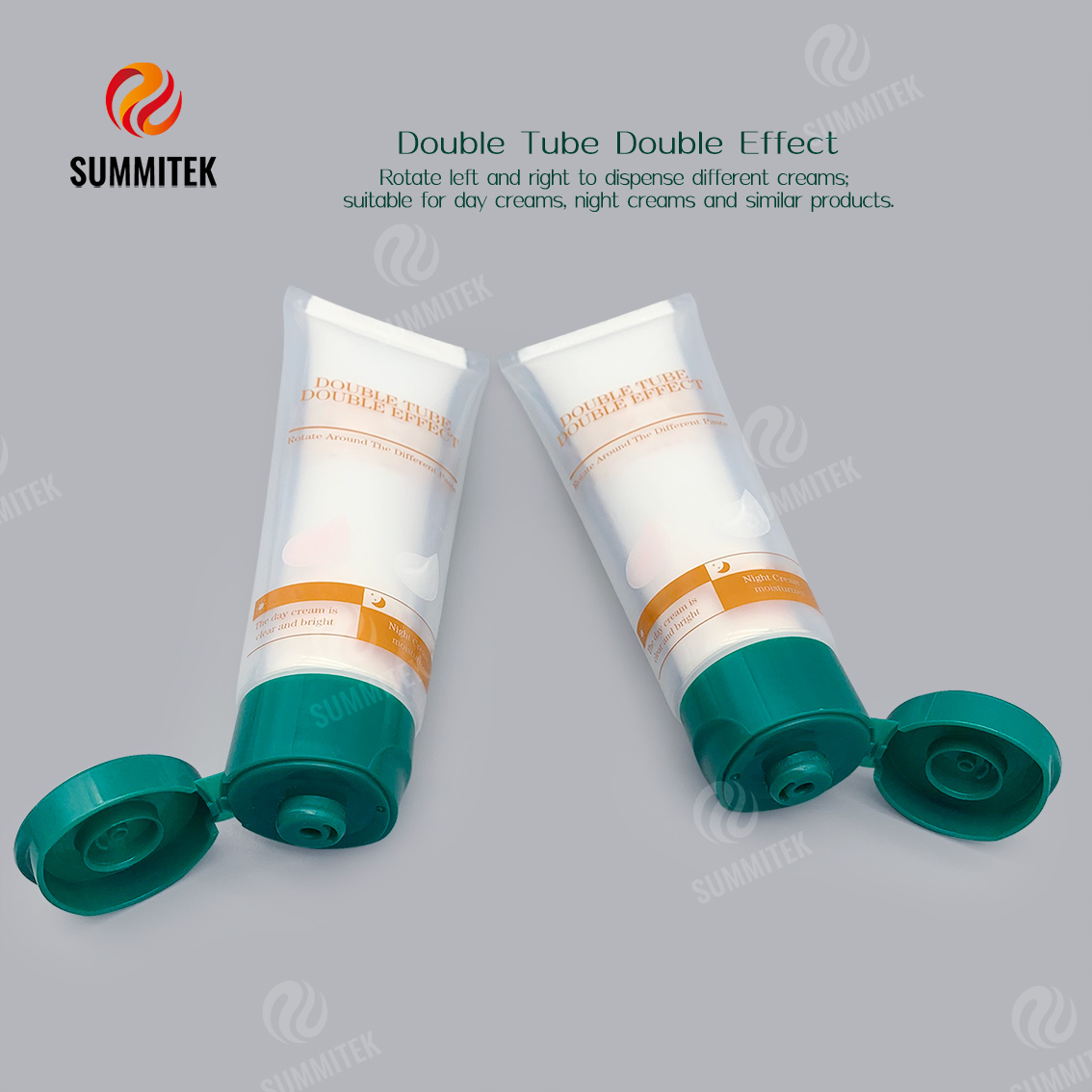 Tube &agrave; interrupteur rotatif &agrave; double chambre pour cr&egrave;me de jour et cr&egrave;me de nuit