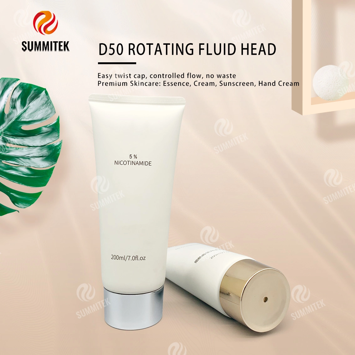 D50 Rotating Dispensing Tube with Electroplated Gold or Silver Cap for Premium Skincare