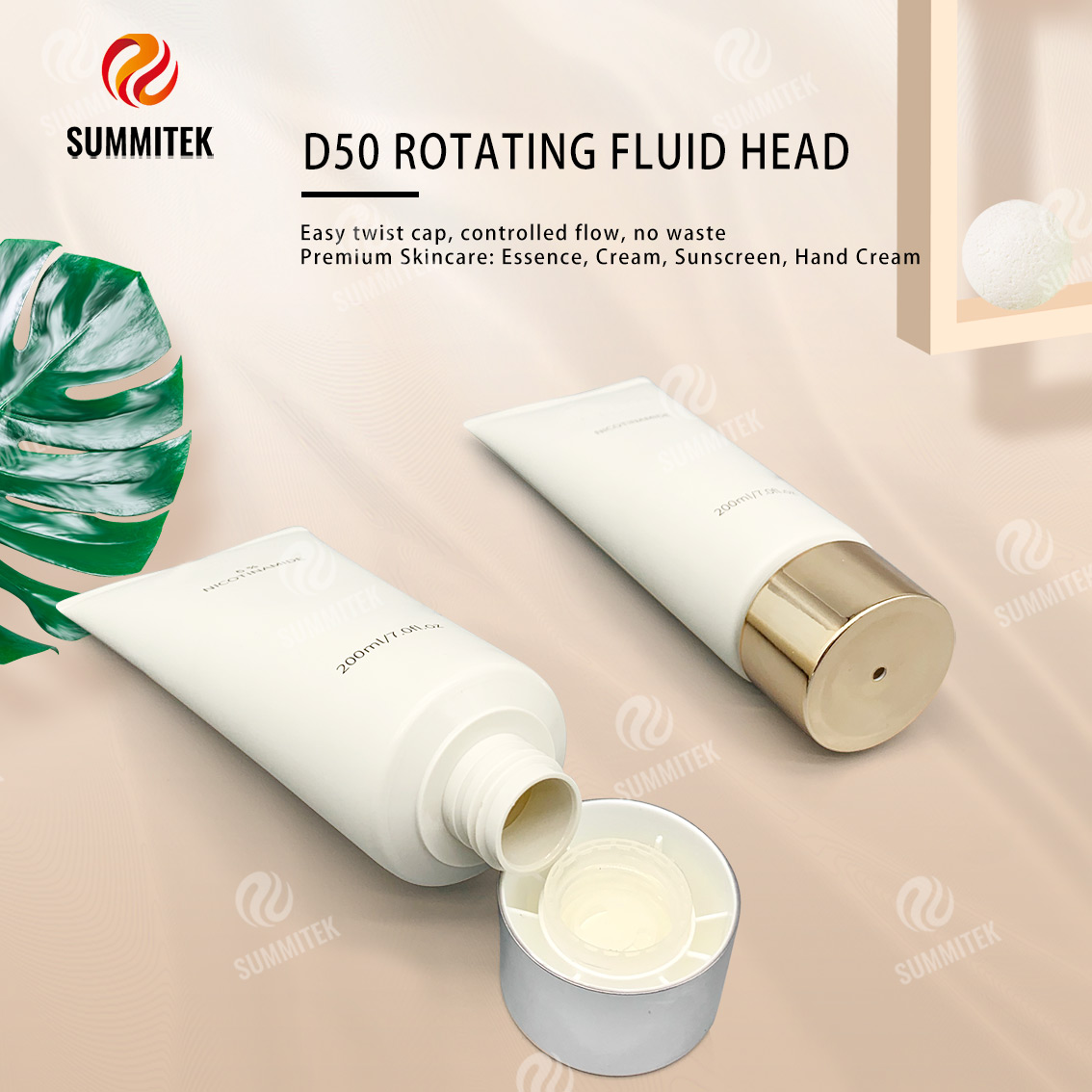 Tube distributeur rotatif D50 avec capuchon plaqu&eacute; or ou argent pour des soins de la peau haut de gamme