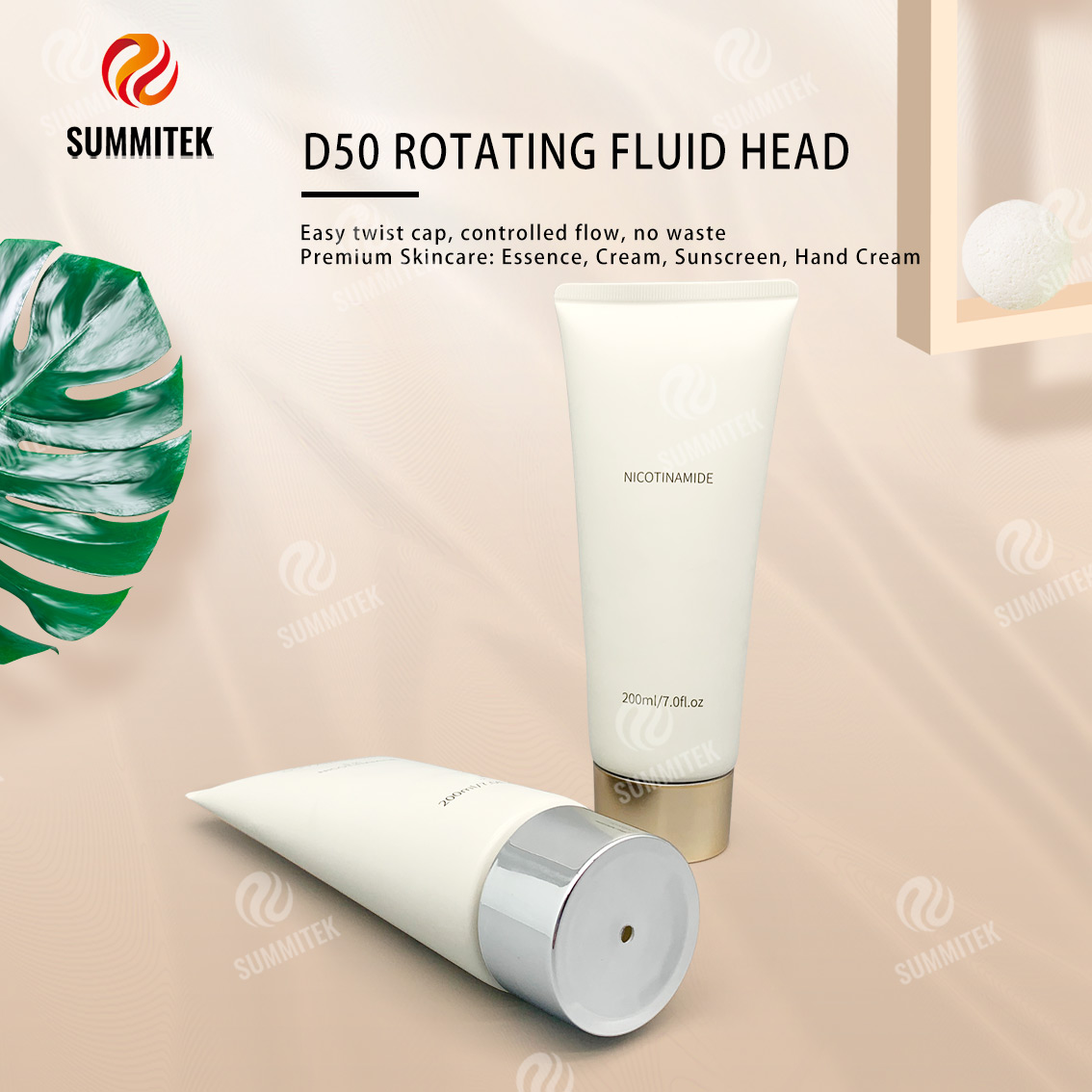 Tube distributeur rotatif D50 avec capuchon plaqu&eacute; or ou argent pour des soins de la peau haut de gamme