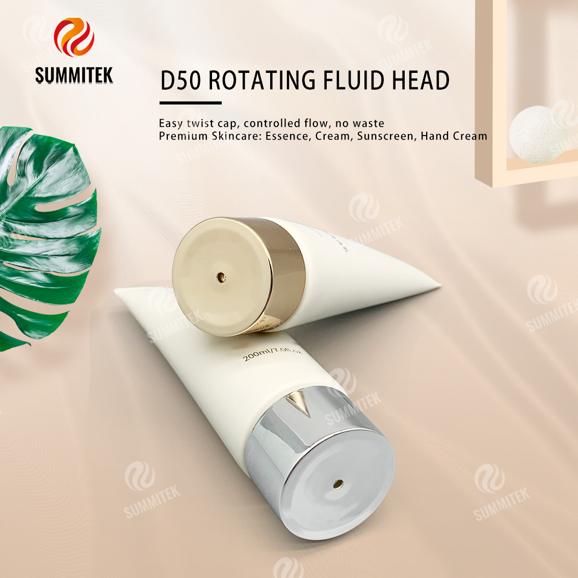 Tube distributeur rotatif D50 avec capuchon plaqu&eacute; or ou argent pour des soins de la peau haut de gamme