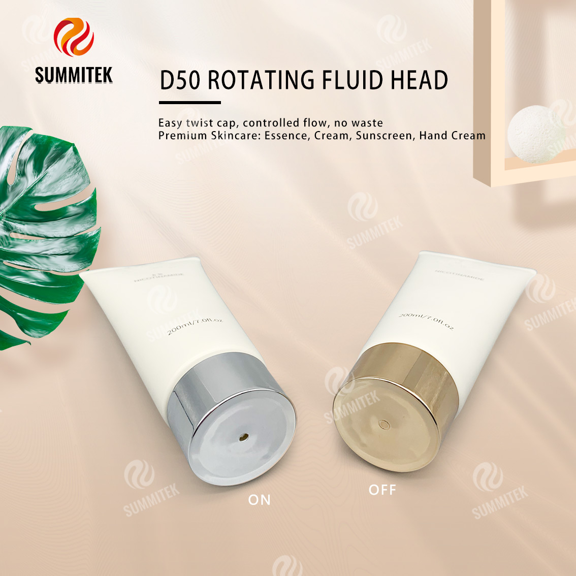 Tube distributeur rotatif D50 avec capuchon plaqu&eacute; or ou argent pour des soins de la peau haut de gamme